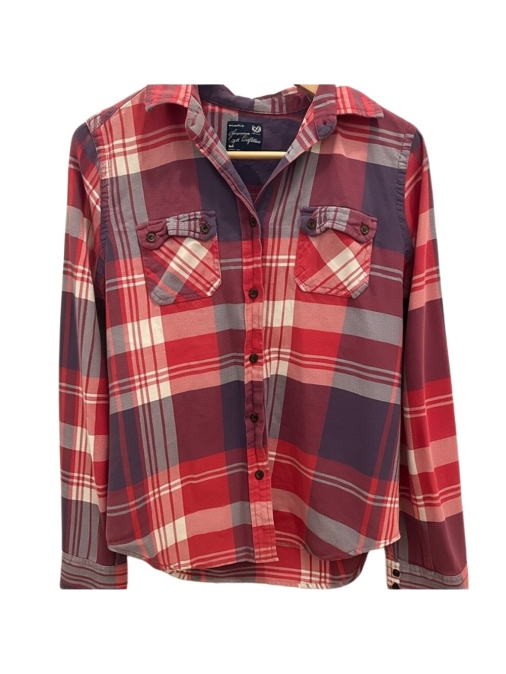 American Eagle Plaid Flannel Button Up Shirt Red Gray Grunge S/P